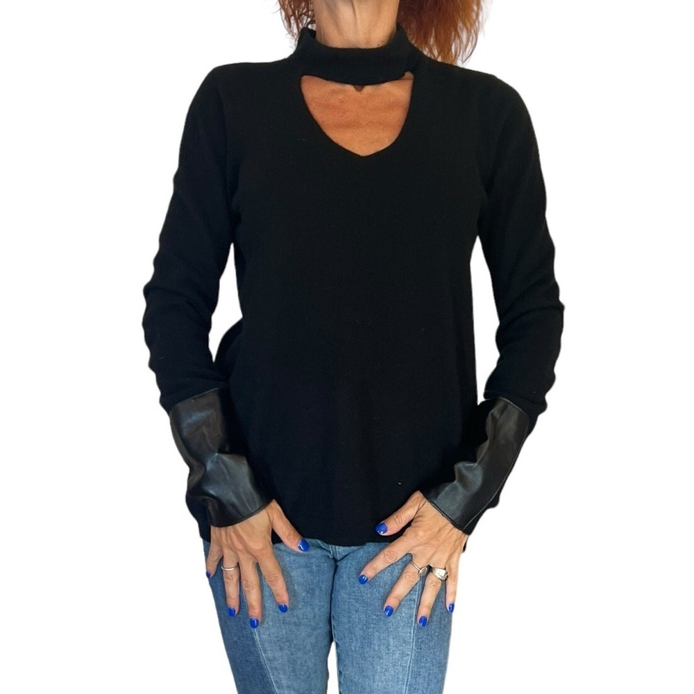 GENERATION LOVE WOMEN'S SWEATER BLACK CASHMERE CHOKER CUT OUT V LEATHER TRIM M
